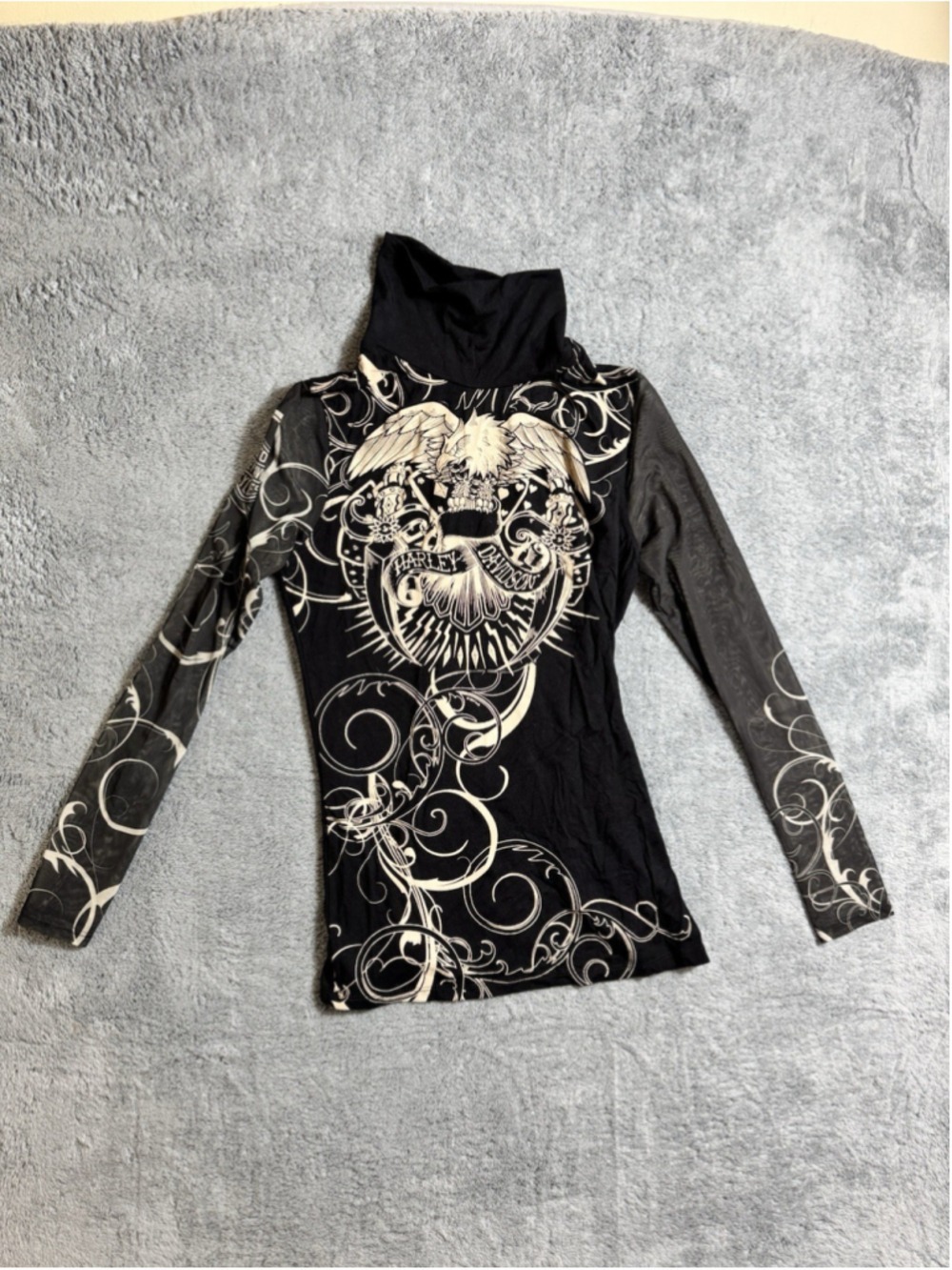 Y2K Harley Davidson Women's Long Mesh Sleeve Shirt Sheer Mock Neck Top Medium